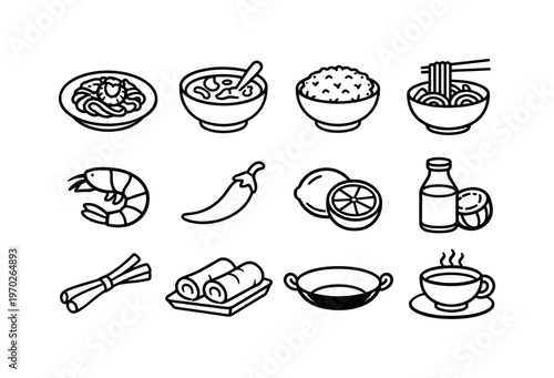 Thai cuisine set: pad thai plate, curry bowl, rice bowl, noodles, shrimp, chili pepper, lime, coconut milk, lemongrass, spring rolls, wok pan, tea cup