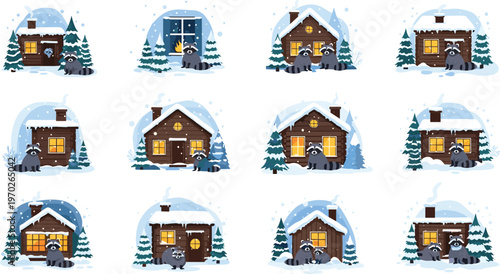 Cozy winter cabin vector set with raccoon characters snowy forest houses warm lights and festive nature illustrations collection