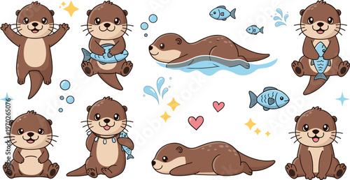Cute baby otter vector set with playful cartoon characters fish hearts and water elements for kids design illustration