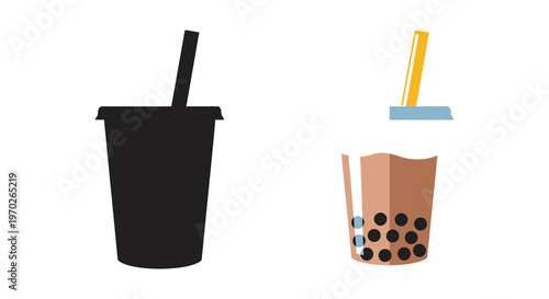 Bubble tea drinks including a dark silhouette presented in a flat design