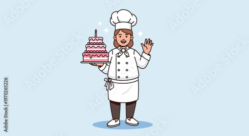 Happy Baker Chef Holding a Delicious MultiTiered Cake.