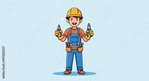 Happy Cartoon Electrician with Tools Giving Thumbs Up.