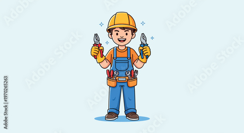 Happy Electrician Cartoon Character Holding Pliers Vector Illustration.