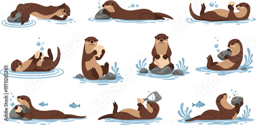 Playful otter vector set swimming floating and diving in water with cute wildlife cartoon illustrations collection for design