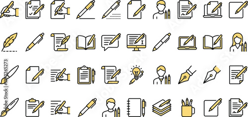 Editing and document icon set. File correction, pencil, signature and clipboard symbols. Writing, approval and office logotypes. Vector illustration.