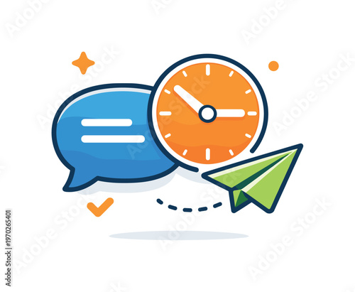 Async communication in distributed teams focused on coordinating work across time zones without real-time meetings, a chat bubble paired with a clock