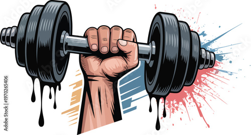Strong hand gripping dumbbell, vibrant paint splatters and grunge drips, dynamic vector illustration symbolizing fitness, strength, and power concepts