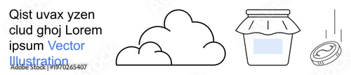 Digital economy, savings, data storage, financial transactions, cloud-based services, economic concepts. Cloud, jam jar and a falling coin are . Digital economy and savings concept