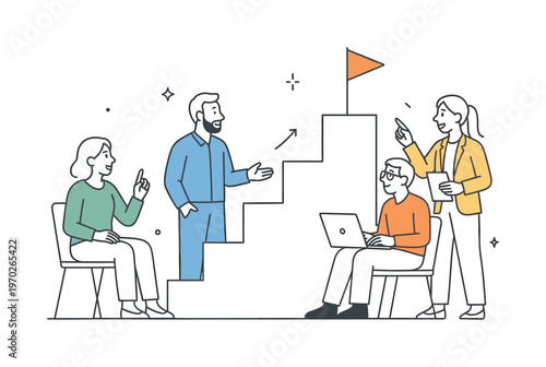 Entrepreneurs structuring future revenue potential and visualizing step-by-step business advancement together during a strategic planning discussion