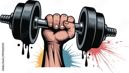 Strong hand gripping dumbbell, vibrant paint splatters and grunge drips, dynamic vector illustration symbolizing fitness, strength, and power concepts