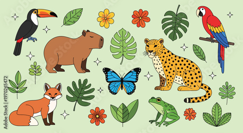 Vibrant Amazon Rainforest Wildlife and Flora Collection Vector Illustration.