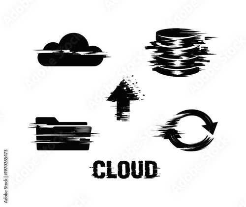Cloud computing and storage theme, a set of five glitch-distorted monochrome objects floating on a perfectly clean white background