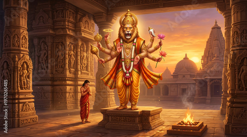 Lord Narasimha with Prahlada – Hindu Mythology Temple Art