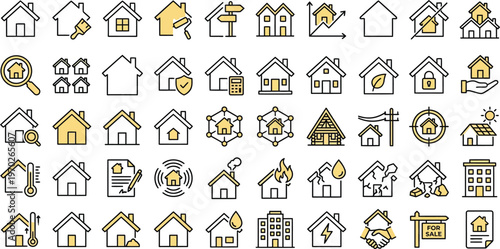 Real estate icon set. Home and property symbols. House insurance and mortgage logotypes. Vector illustration.