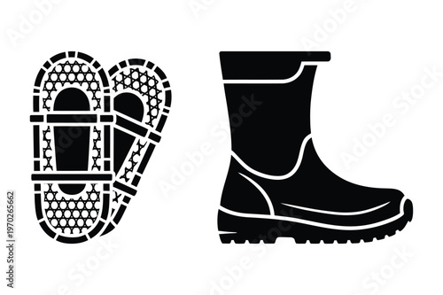 Snowshoes and black waterproof boot vector illustration with heavy duty