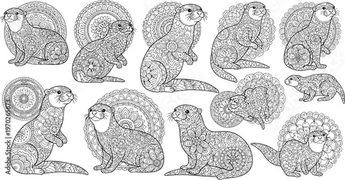 Intricate otter mandala vector set with ornamental patterns detailed line art animals for coloring pages tattoo and design