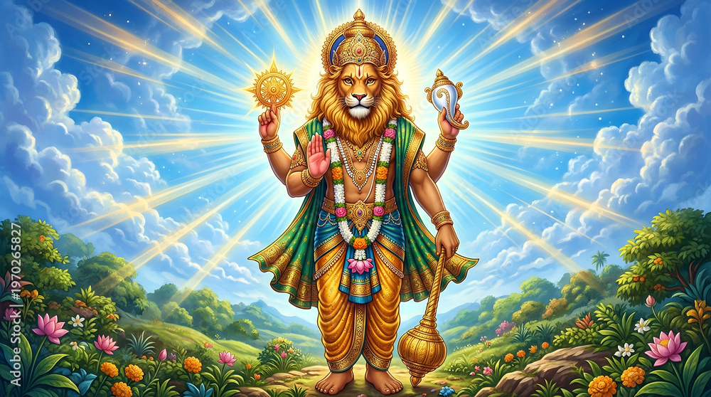 Fototapeta premium Lord Narasimha Divine Blessing – Hindu Mythology Temple Scene 