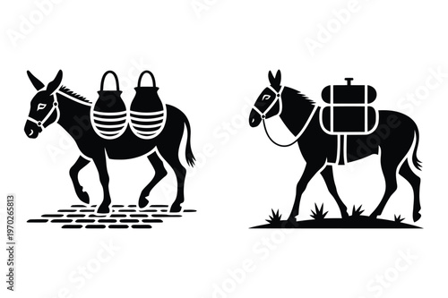 Two donkeys loaded with containers and goods, vector illustration, pack animal