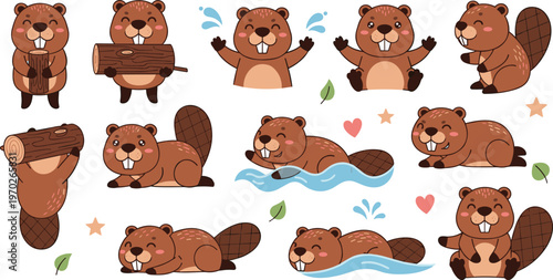 Cute Beaver Cartoon Collection with Funny Poses Swimming Playing and Holding Wood Adorable Animal Vector Illustration Set