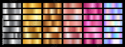 Collection of shiny, metallic silver, yellow gold and rose gold, bronze gradient swatches