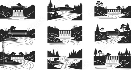 Black and white landscape vector set featuring rivers waterfalls forest scenes minimal nature illustrations for design backgrounds and branding