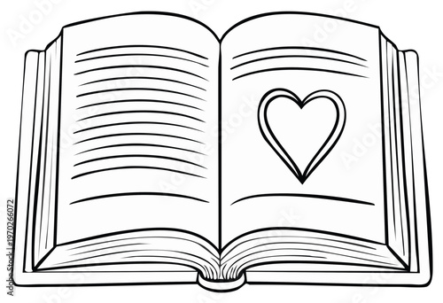 Open book with heart drawing on one page, simple outline drawing for love story or romance