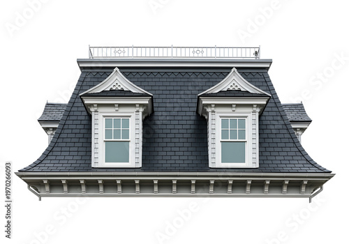 Ornate roofline with a pair of dormer windows against a black background showcases architectural detail.