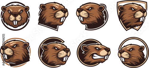 Beaver Head Logo Collection with Vintage Badge Style Wild Animal Emblem Set Detailed Vector Illustration Isolated