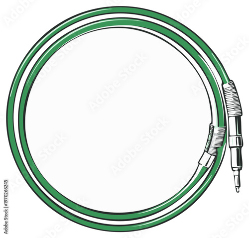 Circular green garden hose with metal connectors and a water spigot end