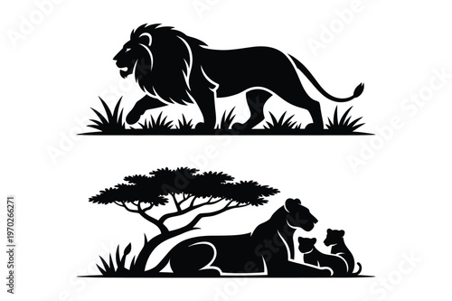 Lion and lioness with cubs under acacia tree silhouettes