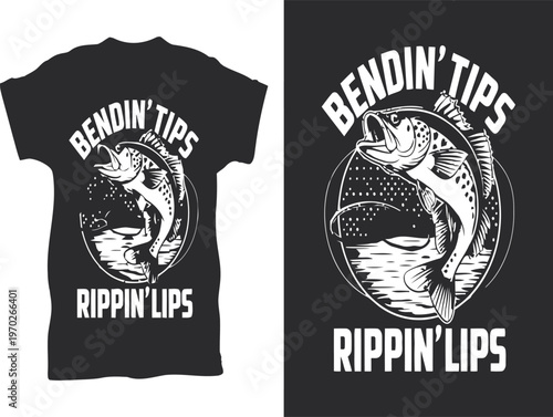 A black t-shirt design featuring a bass fish graphic with the text bendin tips and rippin lips.