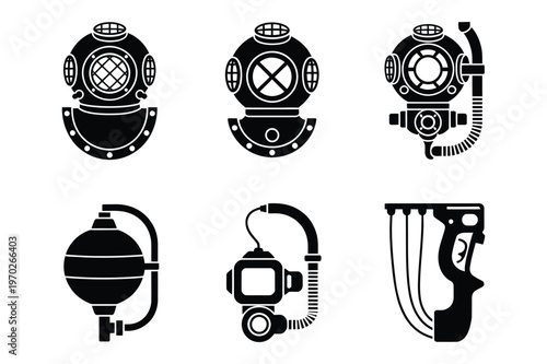 Vintage diving equipment icons: helmets, tank, regulator, mask