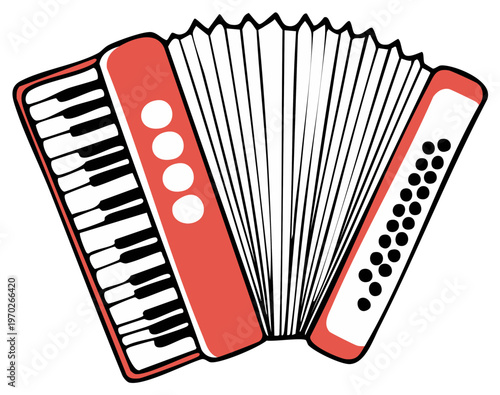 A classic red accordion with black and white piano keys and buttons