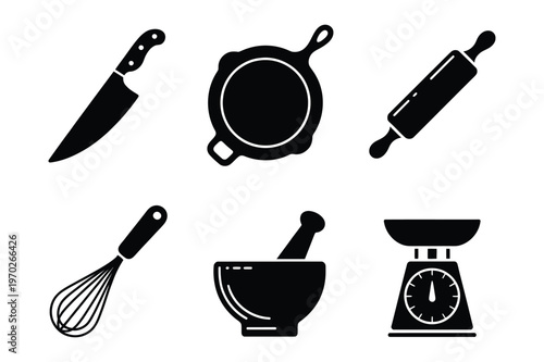 Kitchen utensils icons: knife, frying pan, rolling pin, whisk, mortar and pestle