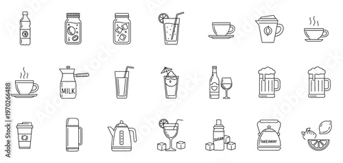 Beverage icons line art vector set drinks cups bottles glasses mugs tea beer