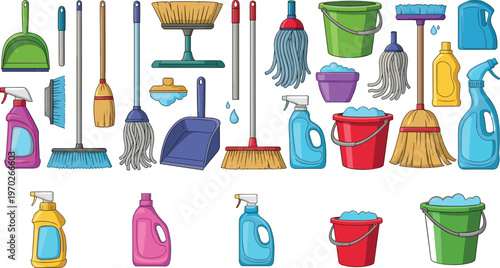 Cleaning Supplies Vector Illustration with Mops, Brooms, Buckets, and Cleaning Solutions for Household, Maintenance, and Sanitation Designs