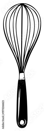 Detailed black and white illustration of a wire whisk kitchen utensil isolated
