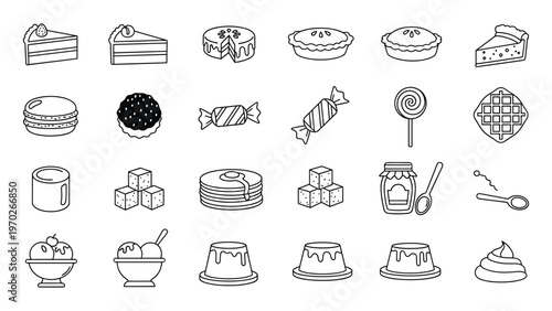 Dessert icons line art vector set cakes cookies pies ice cream waffles sweets pastries