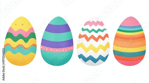 Colorful Easter Egg Illustration Set with Four Patterned Eggs - Wavy Stripes and Pastel Designs