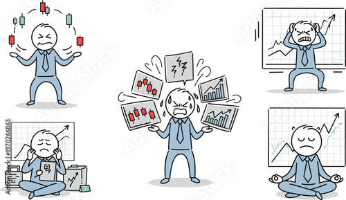 Business Stress and Analysis Icon Set with Data Juggling, Decision-Making, and Work-Life Balance for Entrepreneurs and Professionals.