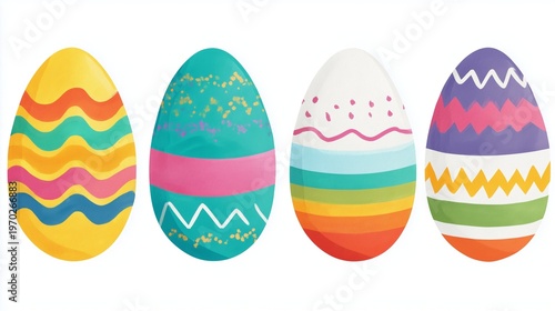 Colorful Easter Egg Illustration Set with Four Patterned Eggs - Wavy Stripes and Pastel Designs