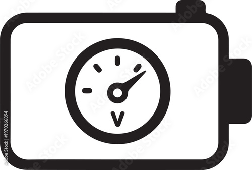 Premium Flat Black & White Vector Battery Voltage Meter Icon for Energy Monitoring Dashboards, Electrical Engineering Tools, IoT Device Status Indicators, Smart Home Control Panels