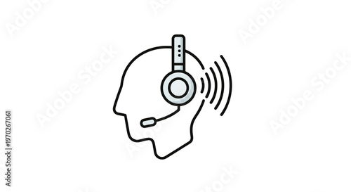 Headset communication device symbol representing customer service assistance and audio signal waves emanating from a human profile head indicating sound transmission and conversation technology