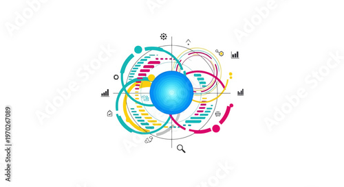 Abstract digital representation of complex data flow and interconnected systems with a central glowing sphere surrounded by colorful circular elements and analytical charts symbolizing