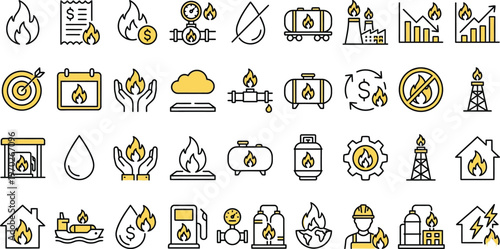 Fire safety and heating line icon set. Flame, smoke, extinguisher, alarm and fireplace symbols. Emergency protection and prevention pictograms. Yellow outline collection. Vector illustration.