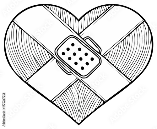 A heart with a bandage illustration representing healing a broken heart love and recovery black and white line art