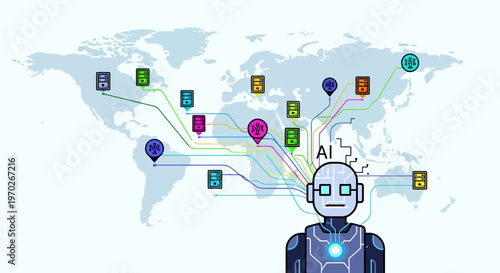 Artificial Intelligence robot connects globally linking diverse human profiles across the world map depicting data flow and network synchronization technology advancements for a connected future