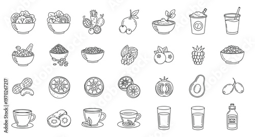 Healthy foods colorful flat vector set of salads smoothies fruits nuts detox drinks