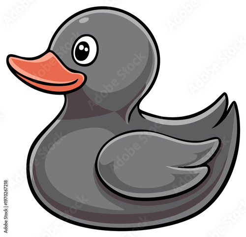 Grey rubber duck with an orange beak in vector art, cartoon illustration with a playful, childlike, and simple design.