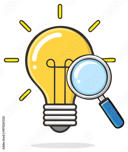 Cartoon Style Lightbulb and Magnifying Glass Icon, Idea Generation, Solution Finding